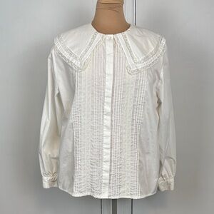 Circle Square vintage womens blouse white oversized lace collar cottagecore